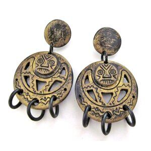 vintage tribal large big‎ dangle earrings mask/face aztec loops medallion